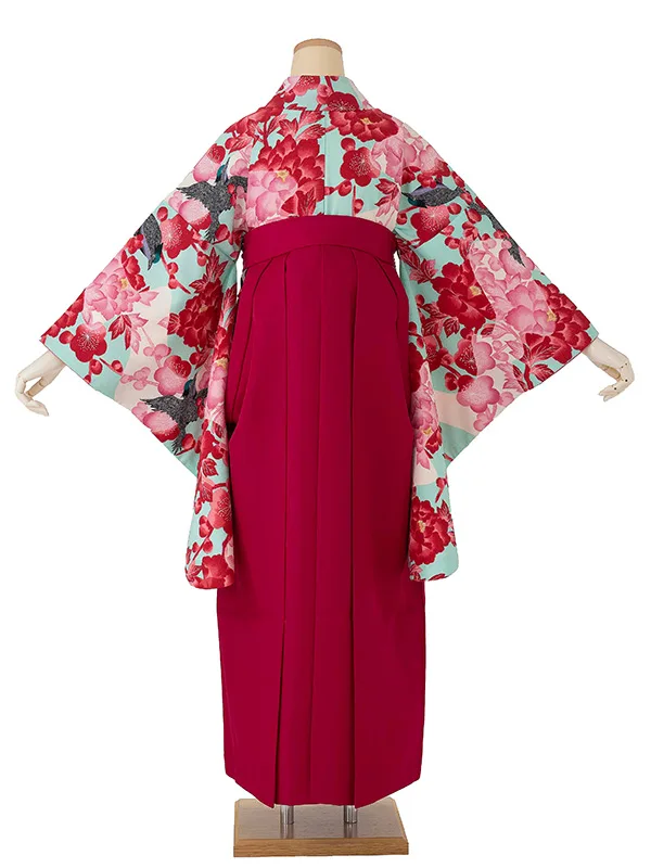 卒業式袴レンタルM0293流水鳥・水色×縞／ピンク