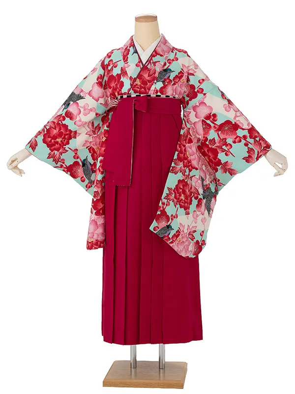 卒業式袴レンタルM0293流水鳥・水色×縞／ピンク