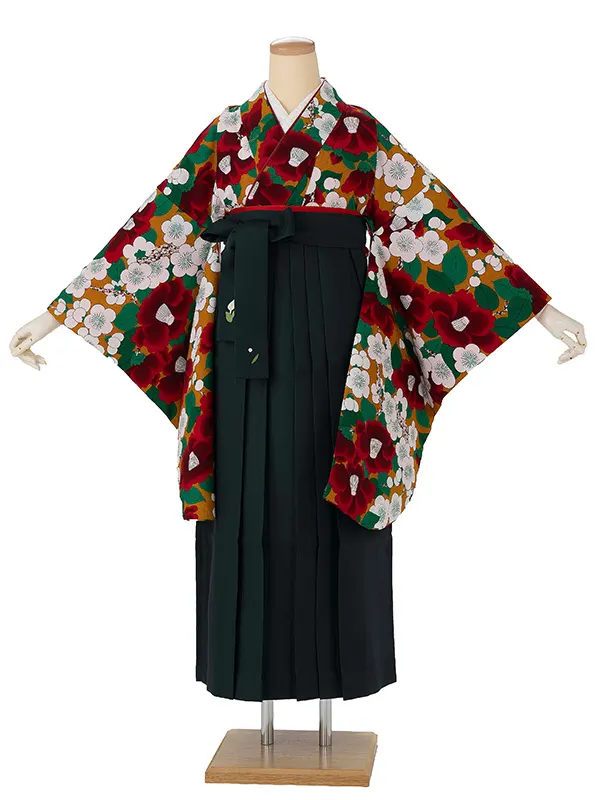 卒業式袴レンタルM0295梅椿・カラシ×緑