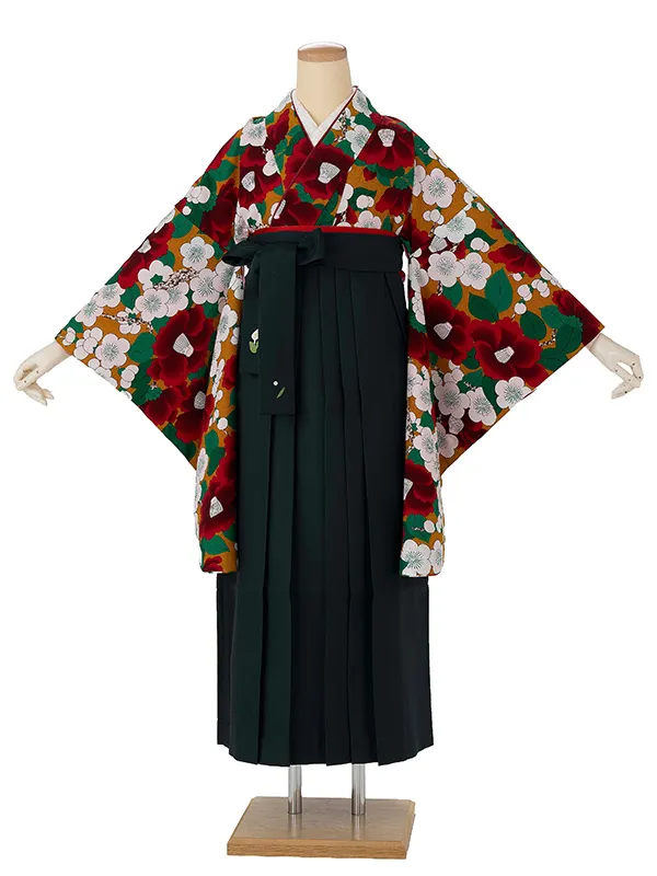 卒業式袴レンタルM0295梅椿・カラシ×緑