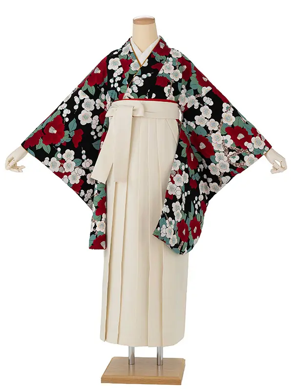 卒業式袴レンタルM0296梅椿・黒×オフホワイト