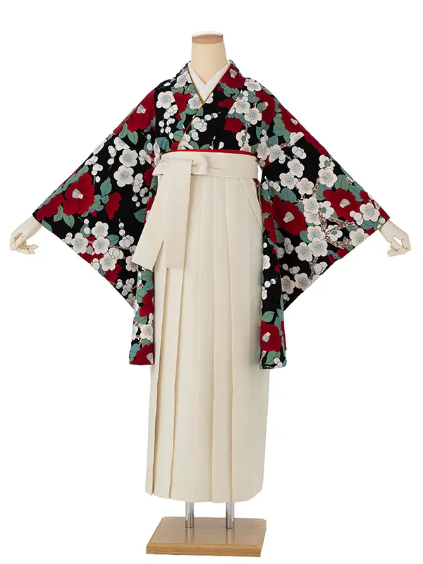 卒業式袴レンタルM0296梅椿・黒×オフホワイト