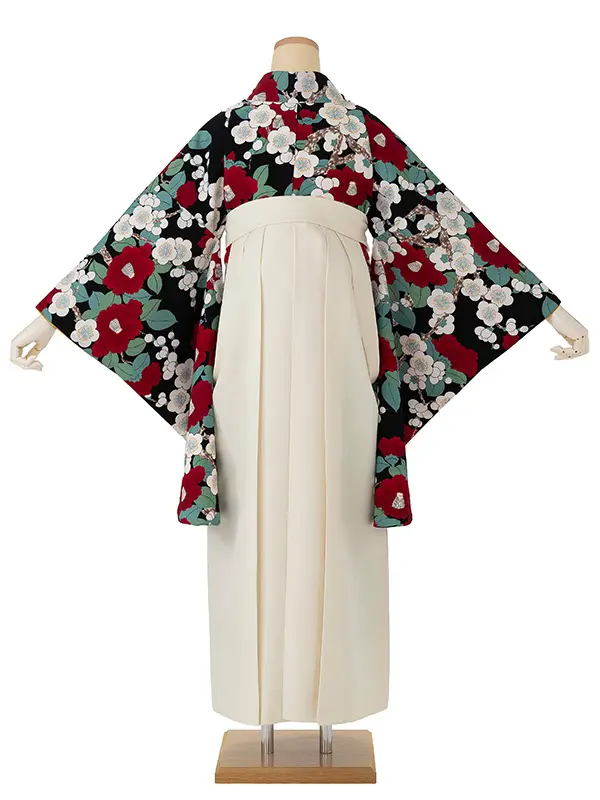 卒業式袴レンタルM0296梅椿・黒×オフホワイト