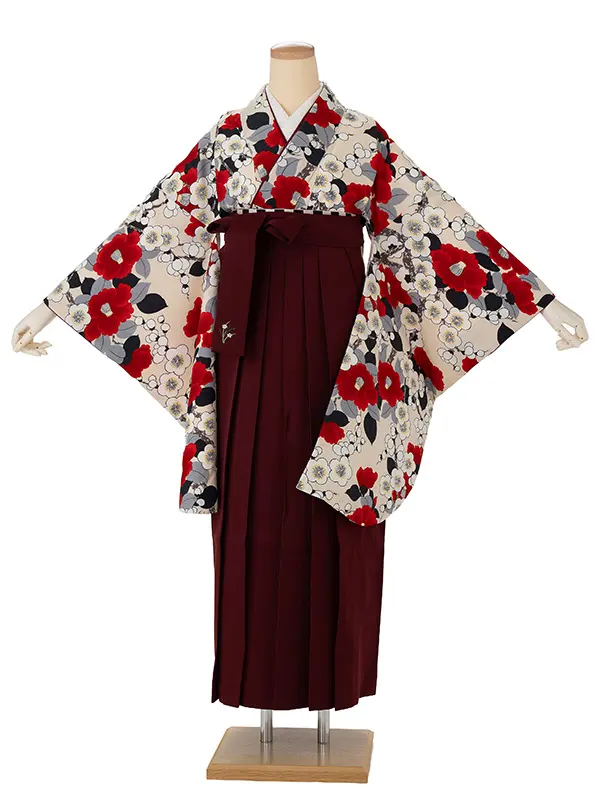 卒業式袴レンタルM0297梅椿・生成り炭色×えんじ