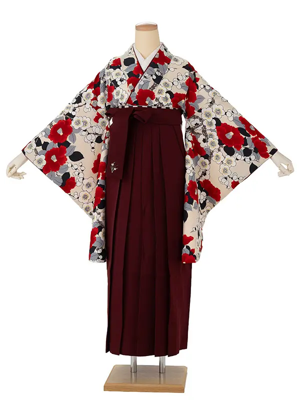 卒業式袴レンタルM0297梅椿・生成り炭色×えんじ