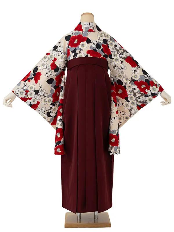 卒業式袴レンタルM0297梅椿・生成り炭色×えんじ
