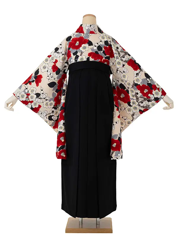 卒業式袴レンタルM0297梅椿・生成り炭色×黒