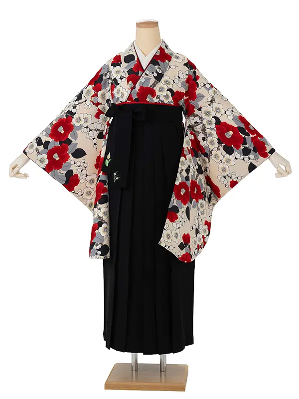 卒業式袴レンタルM0297梅椿・生成り炭色×黒