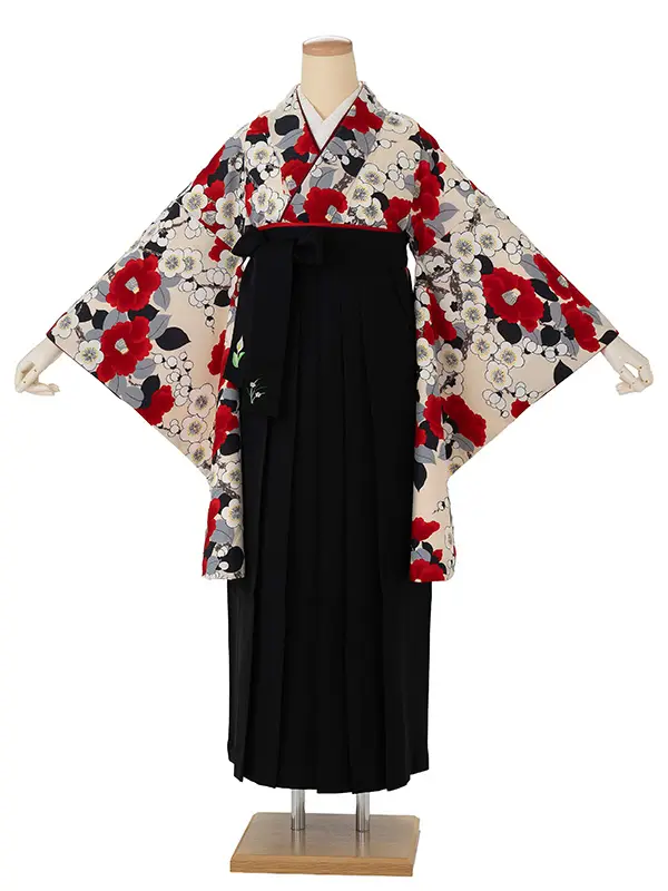 卒業式袴レンタルM0297梅椿・生成り炭色×黒