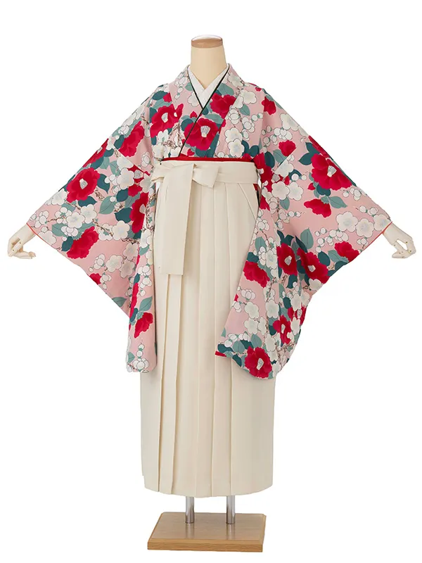 卒業式袴レンタルM0298梅椿・ピンク×オフホワイト