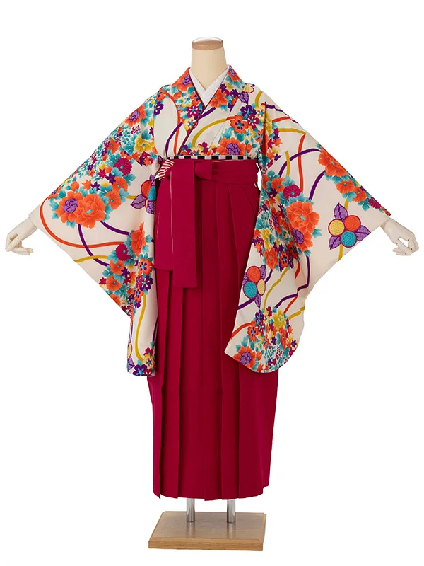 卒業式袴レンタルM0301薬玉・オフ×縞／ピンク