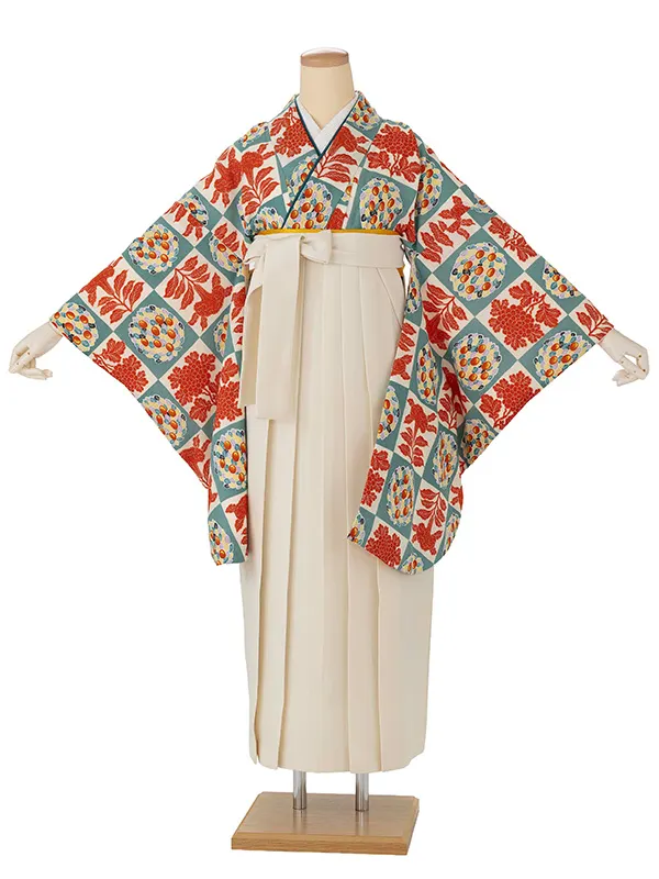 卒業式袴レンタルM0302鶏頭・オフ×オフホワイト