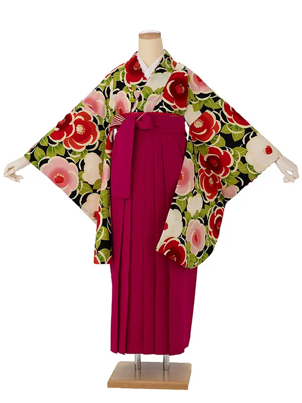 卒業式袴レンタルM0312丸椿・黒×縞／ピンク