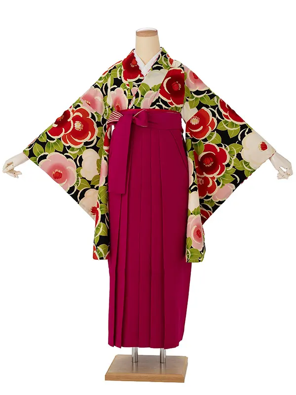 卒業式袴レンタルM0312丸椿・黒×縞／ピンク