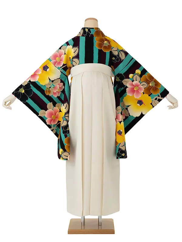 卒業式袴レンタルM0318縦縞に椿・ターコイズ×オフホワイト