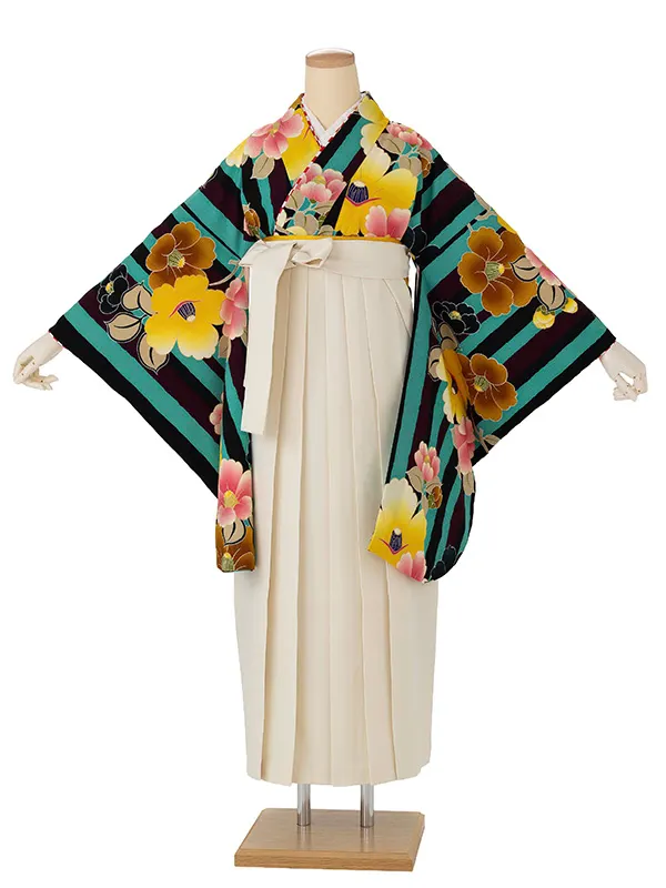 卒業式袴レンタルM0318縦縞に椿・ターコイズ×オフホワイト