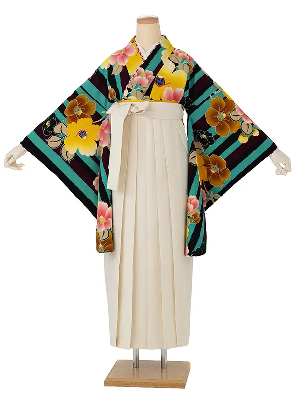 卒業式袴レンタルM0318縦縞に椿・ターコイズ×オフホワイト