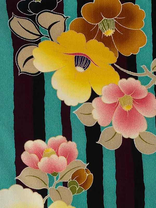 卒業式袴レンタルM0318縦縞に椿・ターコイズ×オフホワイト