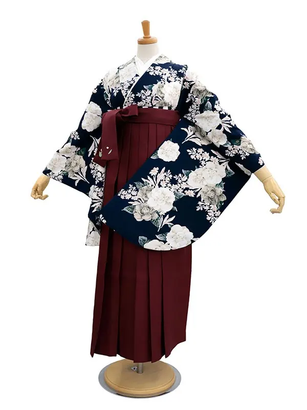 【裄5分長め】卒業式袴レンタルM0325椿・紺(1.8.5)×えんじ