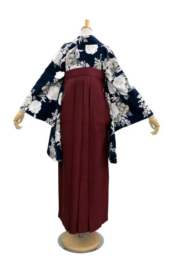 【裄5分長め】卒業式袴レンタルM0325椿・紺(1.8.5)×えんじ