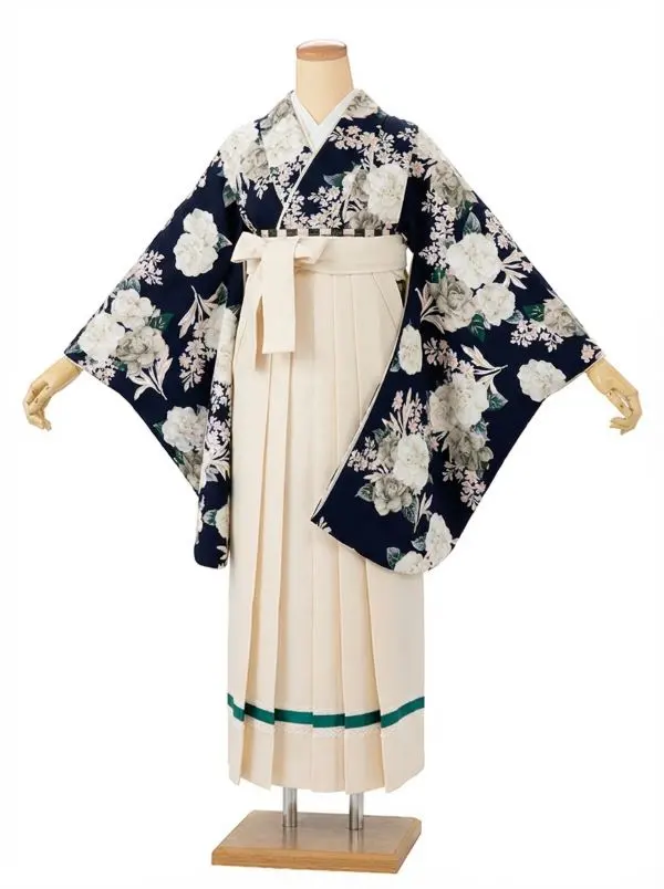 【裄5分長め】卒業式袴レンタルM0325椿・紺(1.8.5)×ベージュ