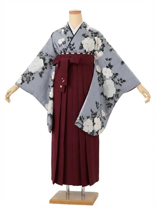 【裄5分長め】卒業式袴レンタルM0329薔薇・鉛色(1.8.5)×えんじ