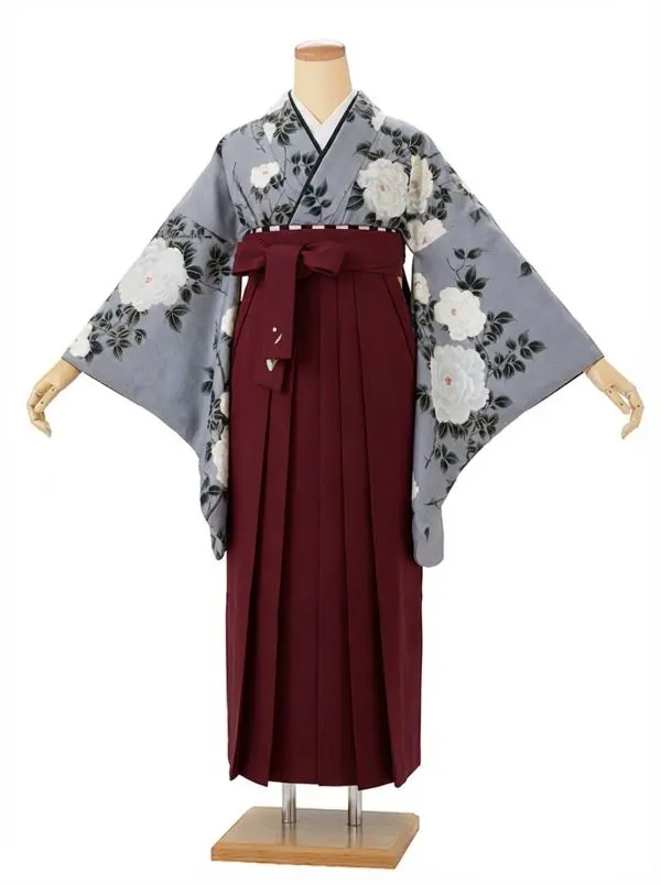 【裄5分長め】卒業式袴レンタルM0329薔薇・鉛色(1.8.5)×えんじ