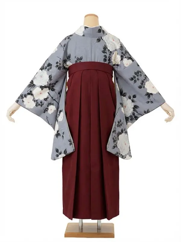 【裄5分長め】卒業式袴レンタルM0329薔薇・鉛色(1.8.5)×えんじ