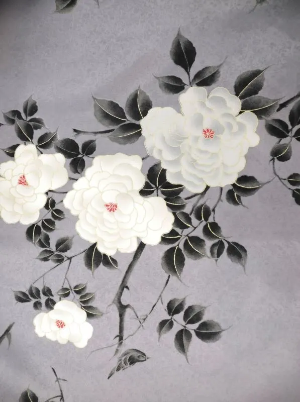 【裄5分長め】卒業式袴レンタルM0329薔薇・鉛色(1.8.5)×えんじ