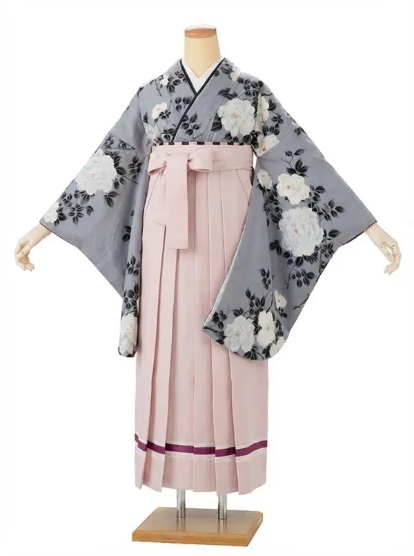 【裄5分長め】卒業式袴レンタルM0329薔薇・鉛色(1.8.5)×ピンク