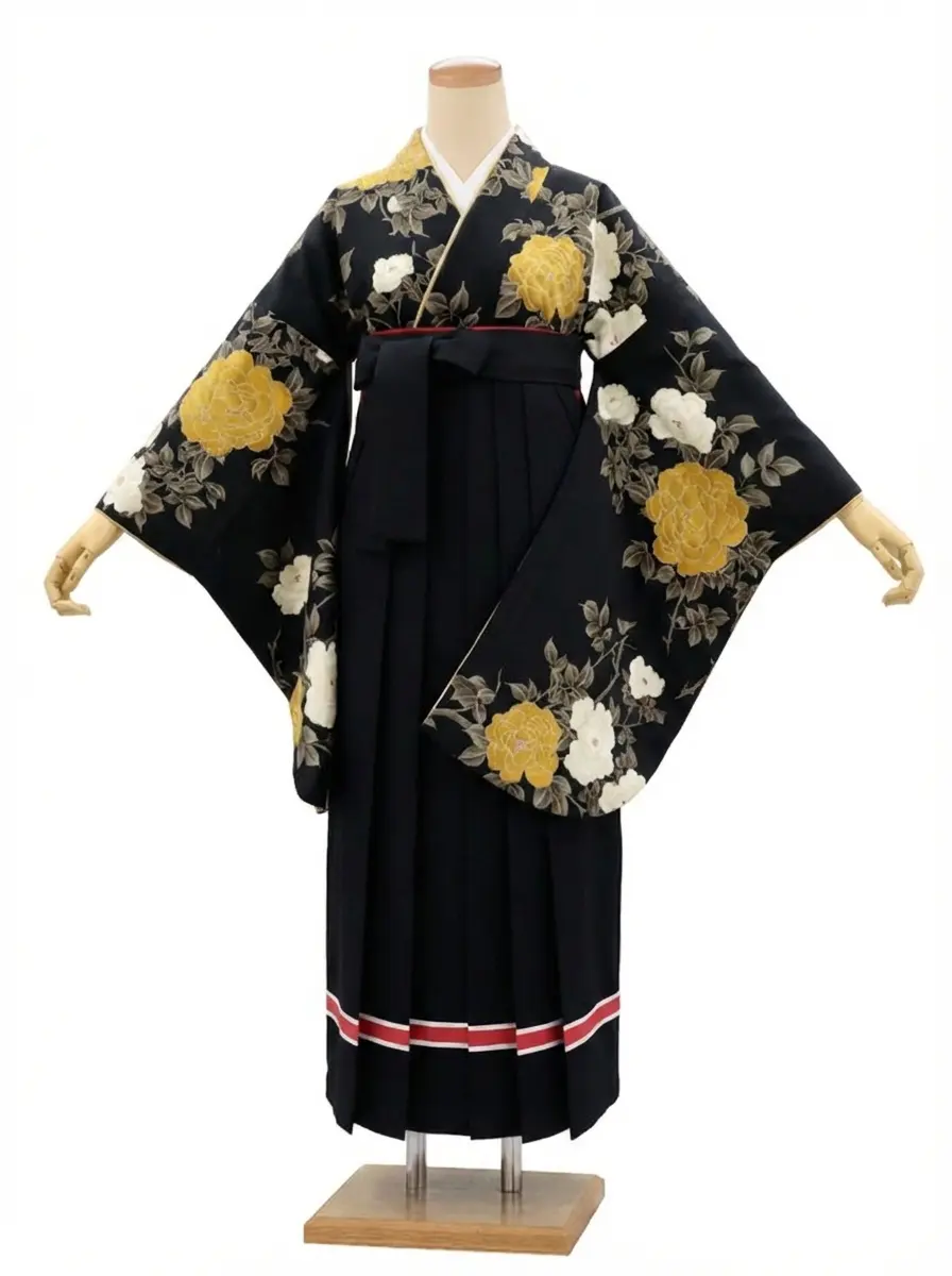 【裄5分長め】卒業式袴レンタルM0328薔薇・黒(1.8.5)×ライン/黒