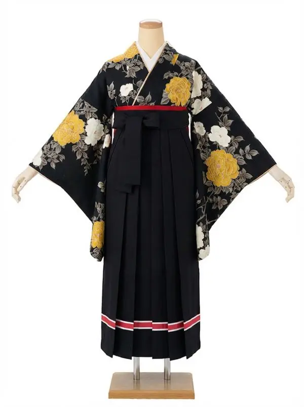 【裄5分長め】卒業式袴レンタルM0328薔薇・黒(1.8.5)×ライン/黒