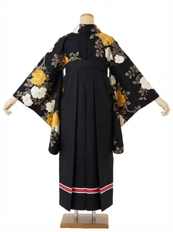 【裄5分長め】卒業式袴レンタルM0328薔薇・黒(1.8.5)×ライン/黒