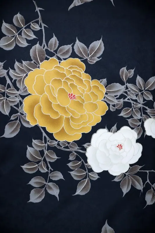 【裄5分長め】卒業式袴レンタルM0328薔薇・黒(1.8.5)×ライン/黒