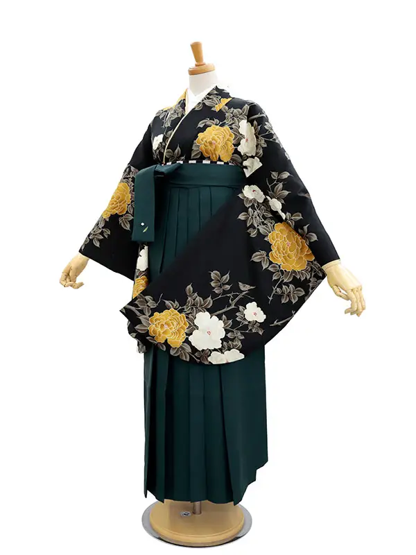 【裄5分長め】卒業式袴レンタルM0328薔薇・黒(1.8.5)×緑