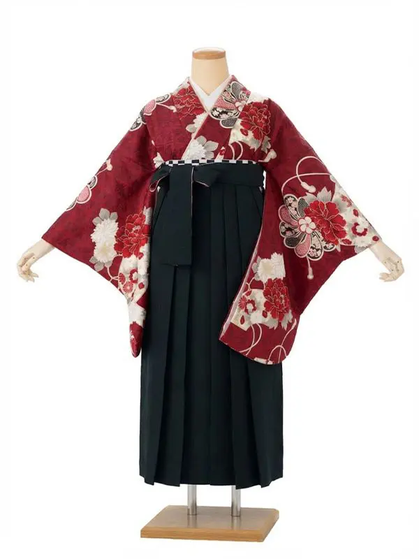 【裄5分長め】卒業式袴レンタルM0330扇面に牡丹・赤(1.8.5)×縞/黒