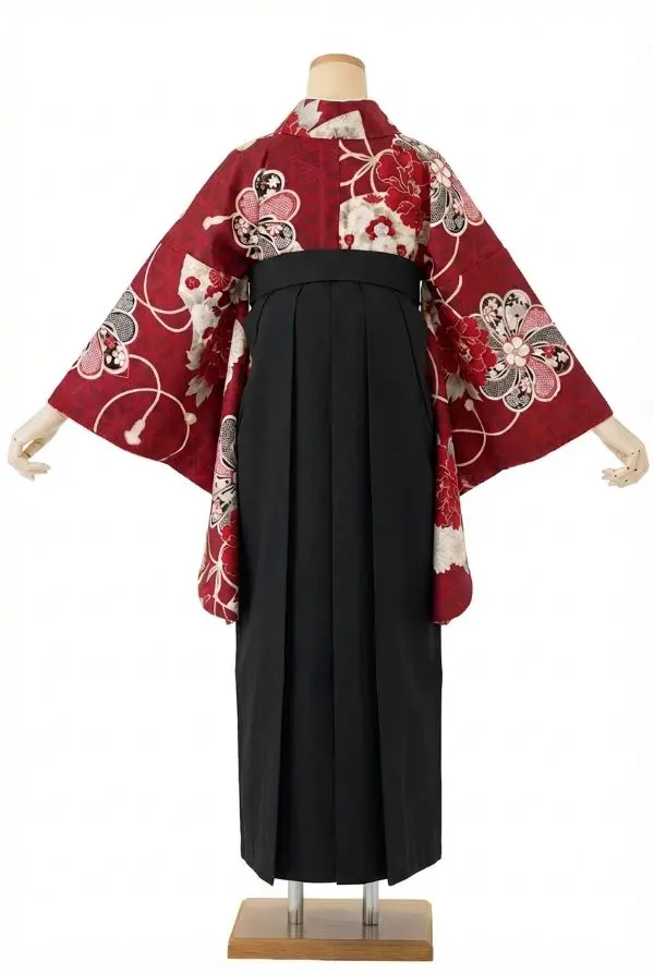 【裄5分長め】卒業式袴レンタルM0330扇面に牡丹・赤(1.8.5)×縞/黒