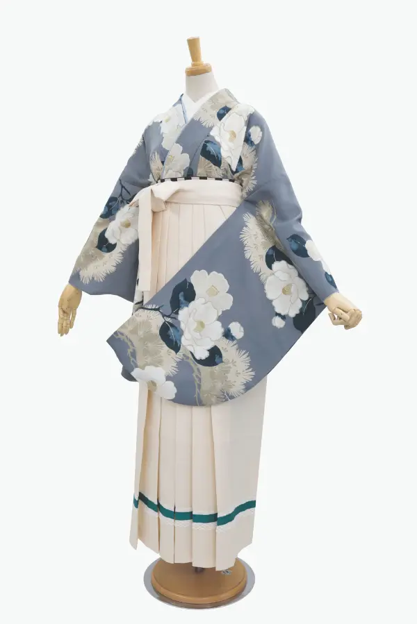 【裄5分長め】卒業式袴レンタルM0331椿と松・グレー(1.8.5)×ベージュ