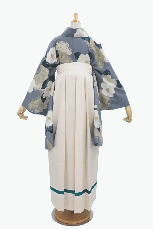 【裄5分長め】卒業式袴レンタルM0331椿と松・グレー(1.8.5)×ベージュ