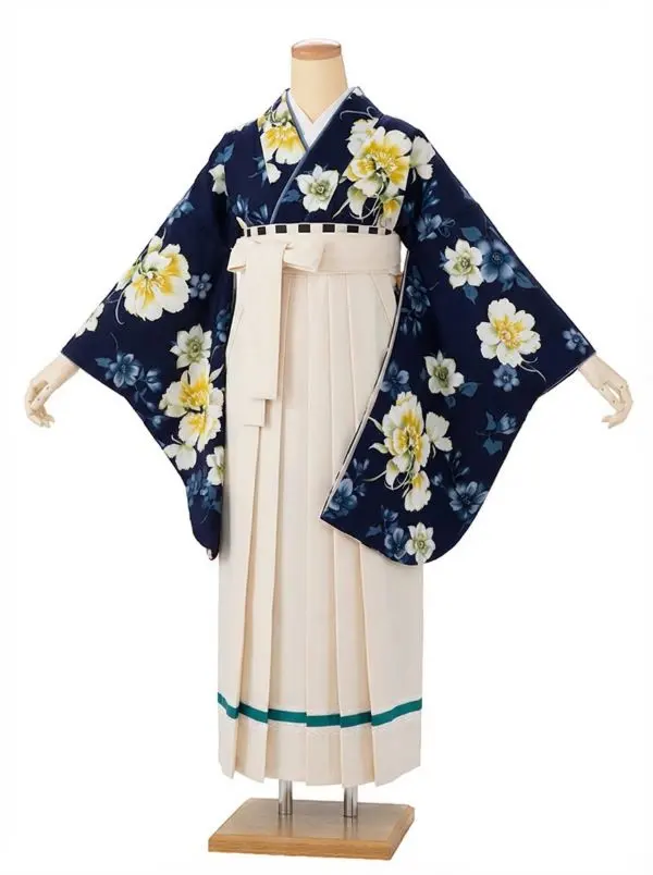 【裄5分長め】卒業式袴レンタルM0326野花・ネイビー(1.8.5)×ベージュ