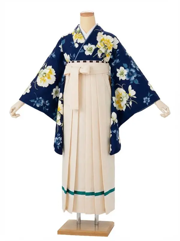 【裄5分長め】卒業式袴レンタルM0326野花・ネイビー(1.8.5)×ベージュ