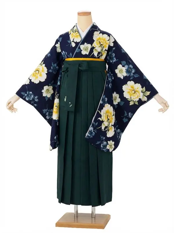 【裄5分長め】卒業式袴レンタルM0326野花・ネイビー(1.8.5)×緑