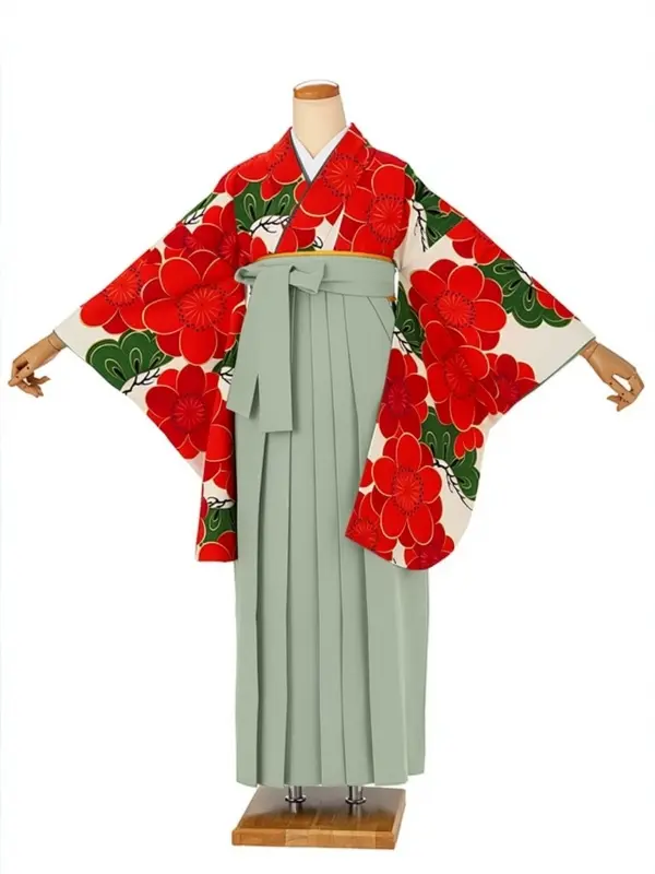 卒業式袴レンタルM0011梅松・オフ×ミントグリーン