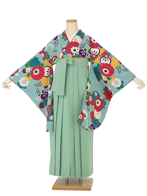 卒業式袴レンタルM0021縞に万寿菊・ターコイズ×ミントグリーン