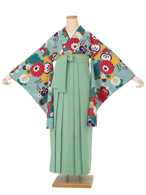 卒業式袴レンタルM0021縞に万寿菊・ターコイズ×ミントグリーン