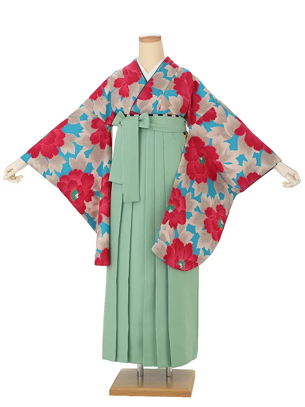 卒業式袴レンタルM0035牡丹・ターコイズ×ミントグリーン