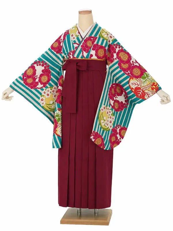 卒業式袴レンタルM0009縞に花紋・ターコイズ×えんじ