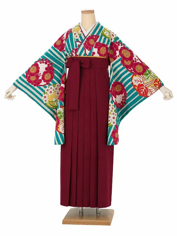 卒業式袴レンタルM0009縞に花紋・ターコイズ×えんじ