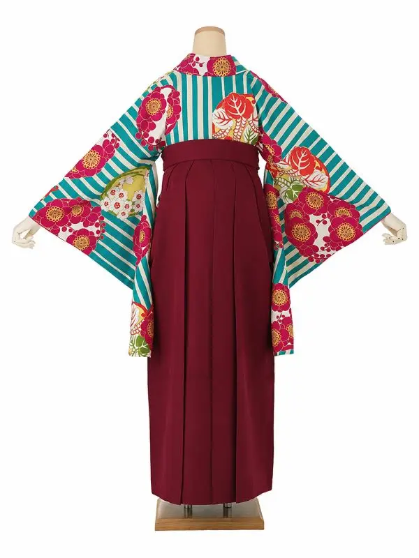 卒業式袴レンタルM0009縞に花紋・ターコイズ×えんじ