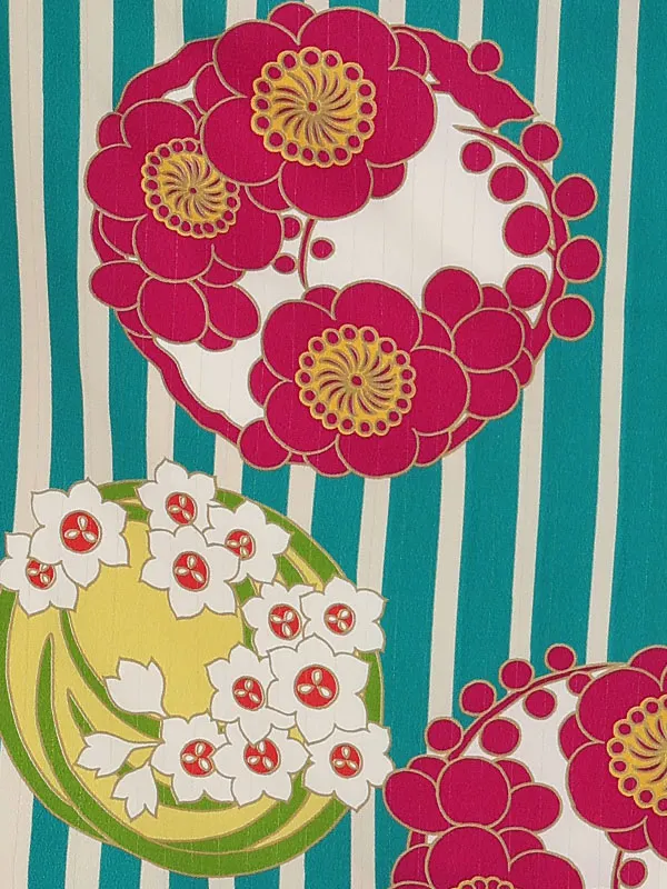 卒業式袴レンタルM0009縞に花紋・ターコイズ×えんじ